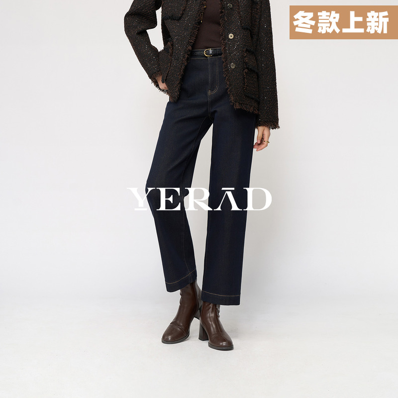 娅丽达锁色加绒直筒牛仔裤女2025冬季新款加厚宽松法棍裤大码女裤