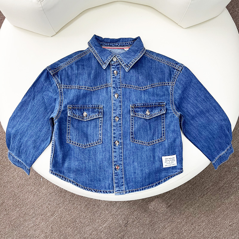 男孩牛仔衬衫中大童翻领纯棉衬衣