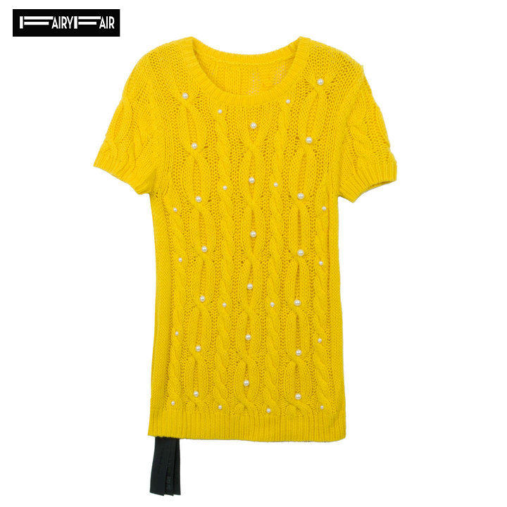 新款特价 正品fairyfair 镶嵌珍珠黄色圆领短袖套头毛衣羊毛衫