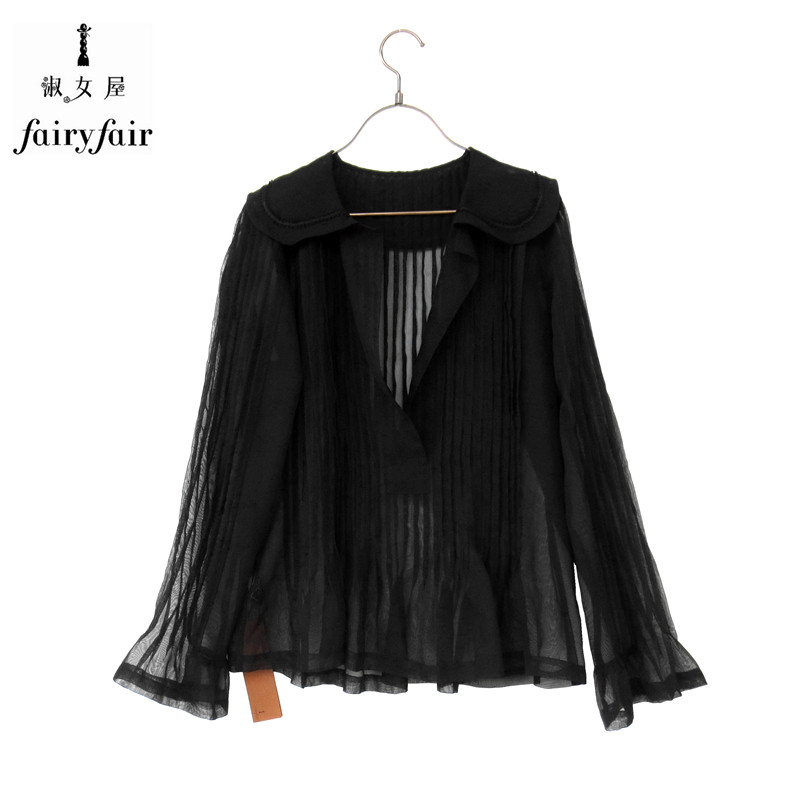 夏季新品 FAIRYFAIR正品黑色百褶雪纺V领喇叭高端长袖衬衫上衣女