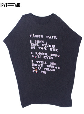 新款特价 Fairyfair正品 黑灰花蝙蝠短袖套头亮片字母针织衫T恤女
