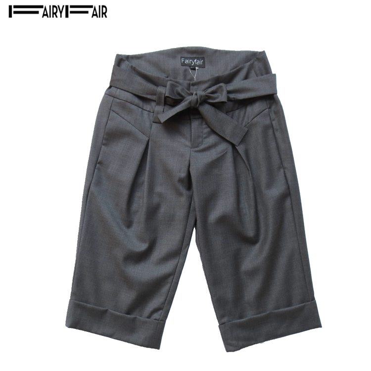 淑女屋高端高级灰腰带毛料裤中裤