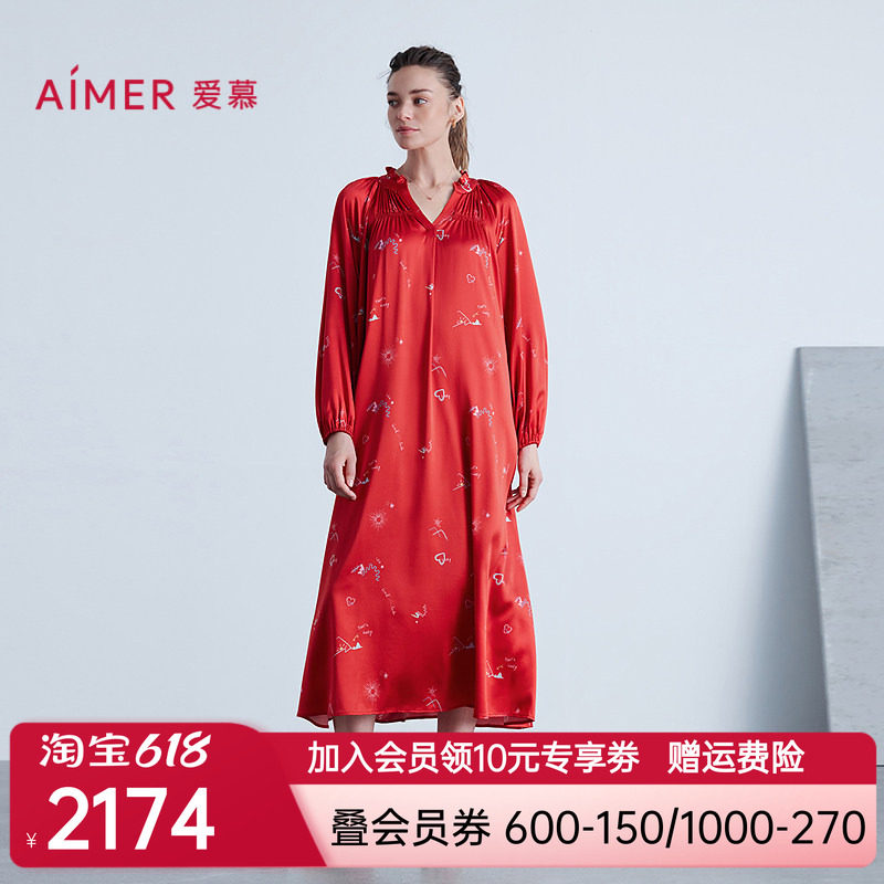 爱慕新品秋冬日照金山开运系列女士睡衣含红色九分袖中长睡裙