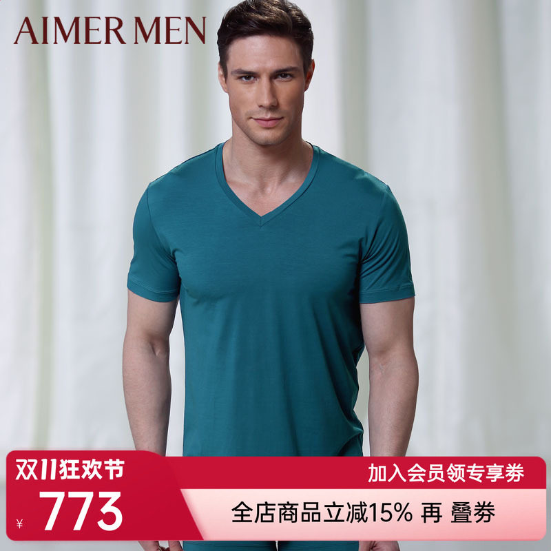 爱慕先生品牌红品官方正品薄款柔软V领男士短袖T恤上衣12354