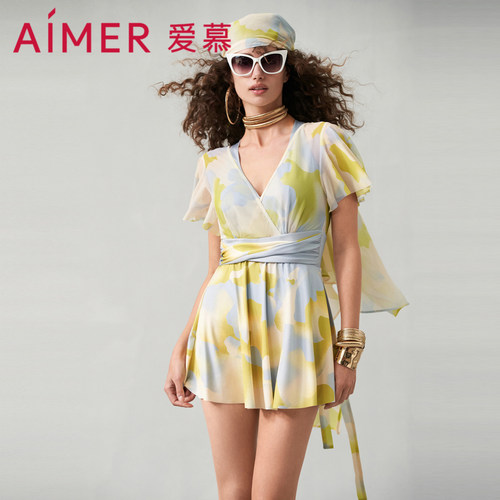 爱慕半夏清光女士春夏性感连体带袖裙式泳衣AM689752