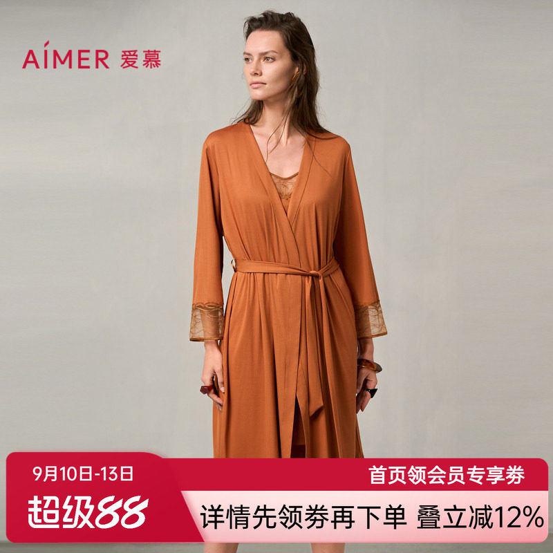 爱慕梦远星河睡衣女秋冬薄款蕾丝晨袍睡袍AM48A041
