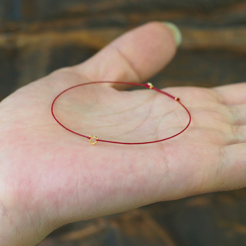 手编可调节红绳手链999足金黄金爱心型细手绳男女情侣礼物百搭款