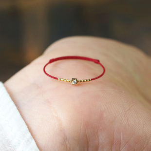 可调节本命年红绳戒指18K金天然钻石戒指指环女情侣礼物百搭轻奢