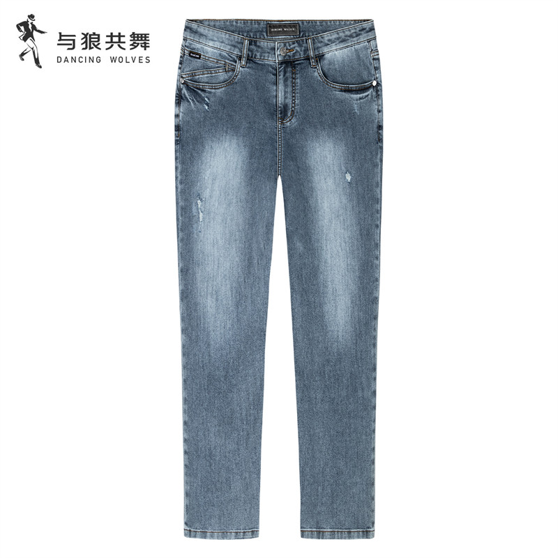 【商场款】与狼共舞牛仔裤男2025夏季款舒适弹力磨破薄款直筒长裤