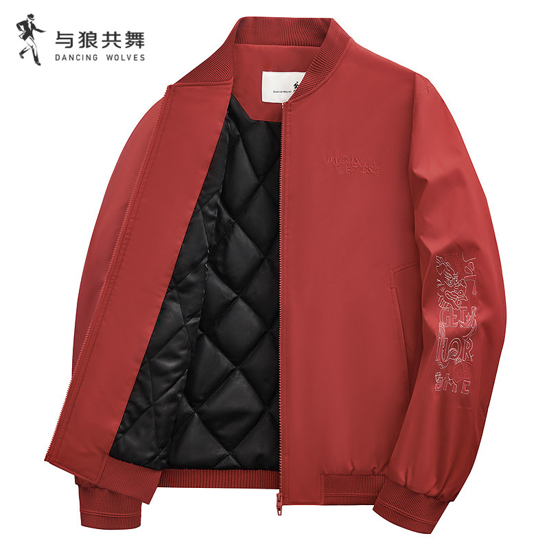 【夹棉】与狼共舞棒球领夹克男2025秋冬新款贺岁款大红色保暖外套