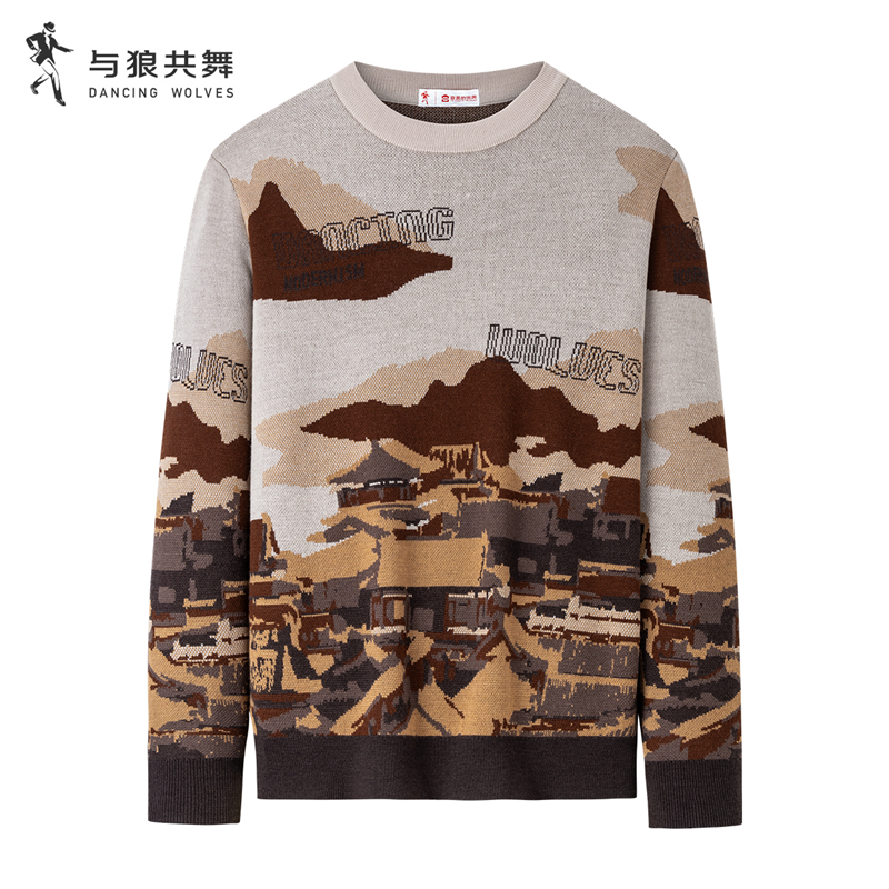 【商场款】与狼共舞圆领毛衣男2025秋冬款风景提花绵羊毛针织衫
