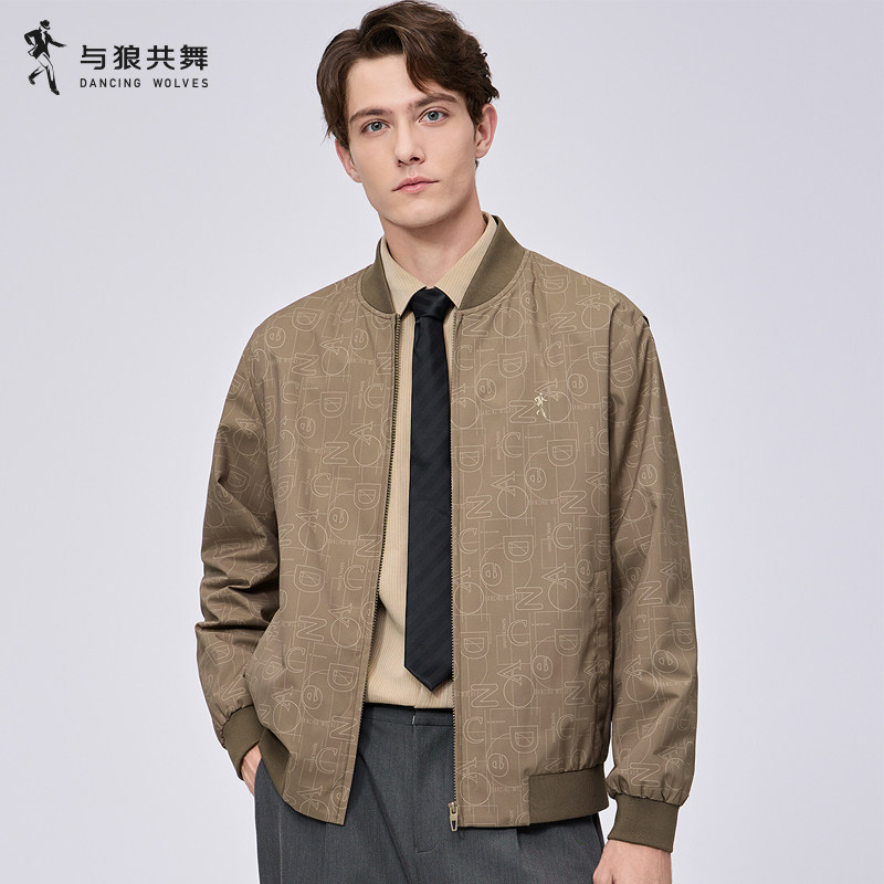 【几何满印】与狼共舞棒球领夹克男2025秋季新款抗皱防风薄款外套,男装,夹克,淘宝优惠券,粉丝福利购,淘宝优惠卷