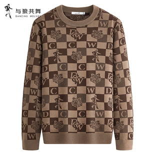 【棋盘格提花】与狼共舞圆领毛衣男2025秋冬款含山羊绒保暖针织衫
