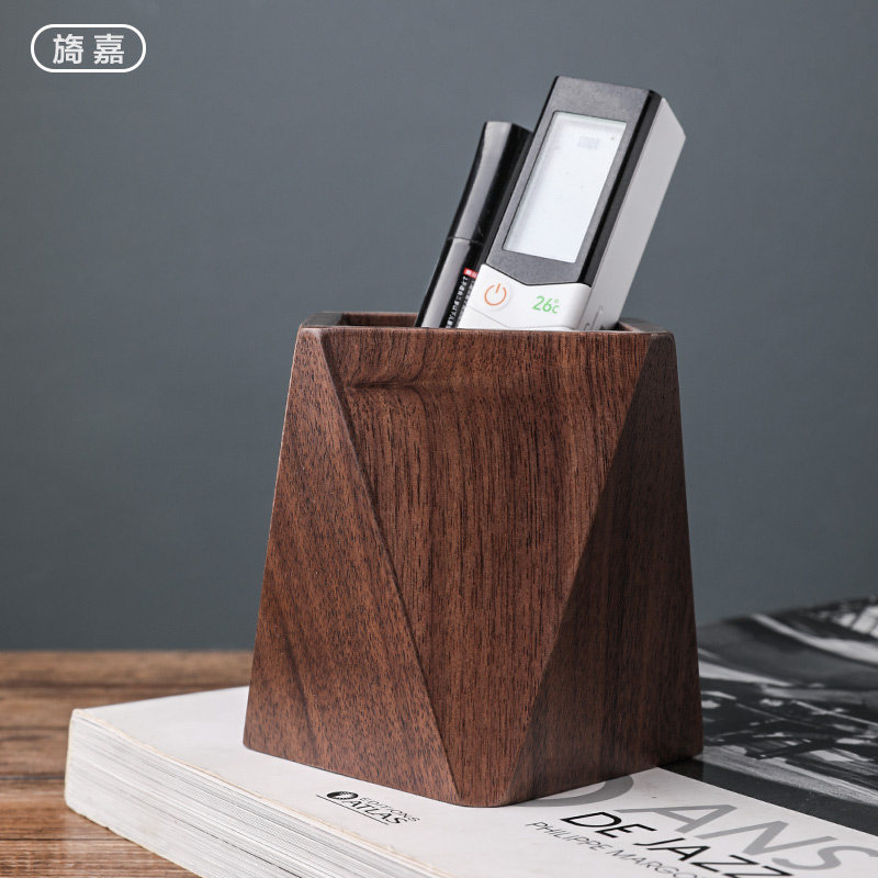 黑胡桃实木笔筒学生办公室桌面收纳盒创意多功能大容量书桌用品