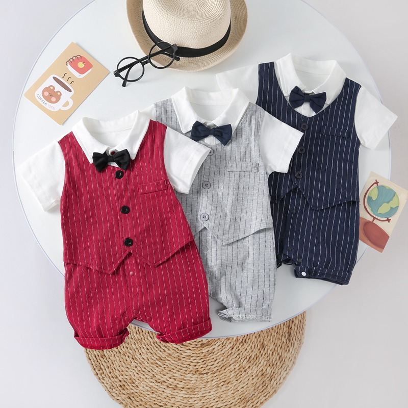 小果粒开衫短袖爬服纯棉夏款绅士