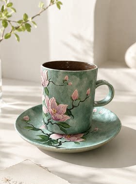 景德镇原创手工手绘小众清新绿底粉百合咖啡杯碟 精致下午茶水杯