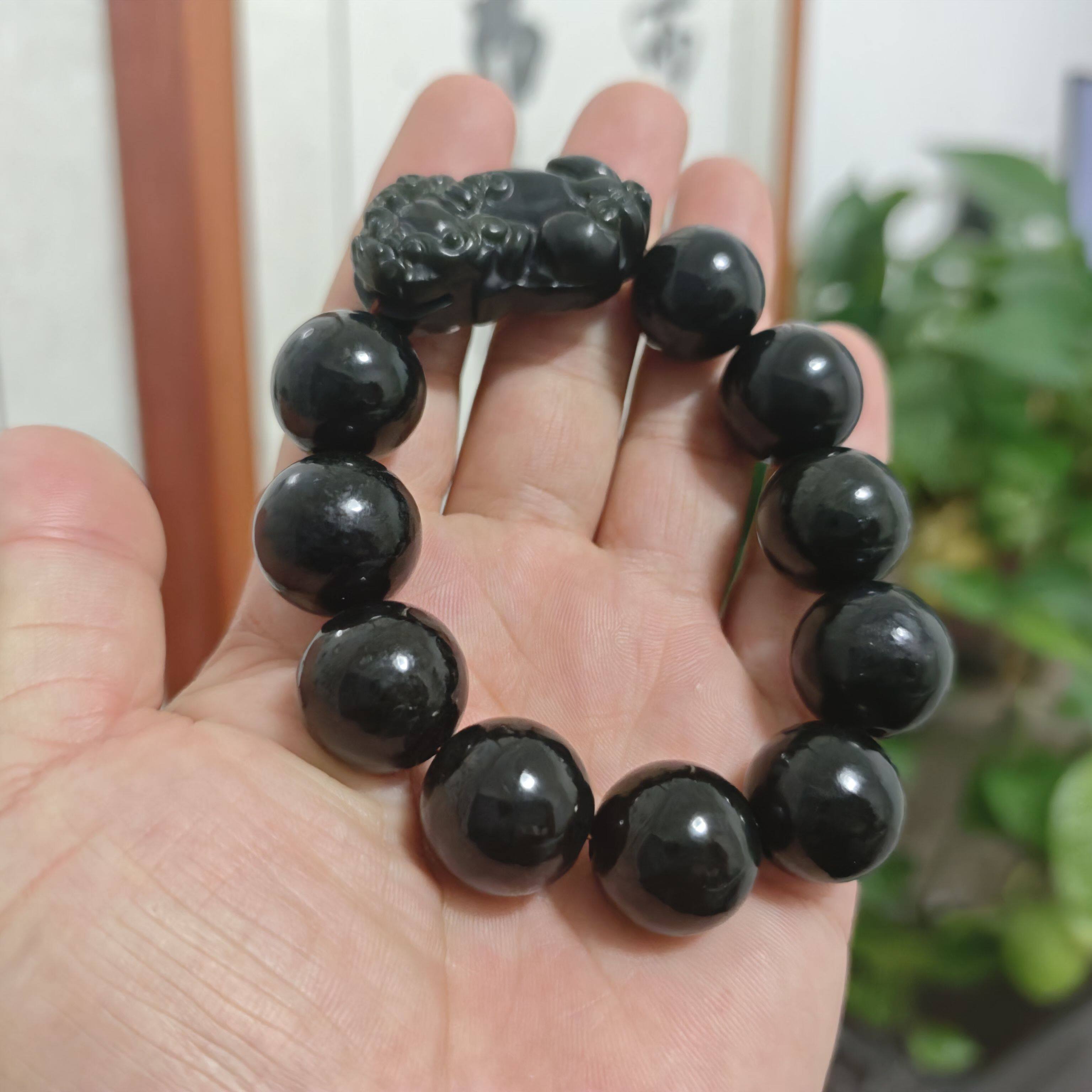 放漏天然正品和田玉黑青玉貔貅手链男女款佛珠招财貔貅手串卡18mm