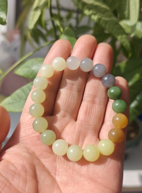 和田玉晴水碧玉多宝手串多色玉手链单圈糖玉湖水绿葡萄肉白玉证书