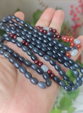 天然和田玉青花籽料聚墨米粒手串手链男女款玉石黑白手链多圈A04