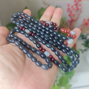天然和田玉青花籽料聚墨米粒手串手链男女款玉石黑白手链多圈A04