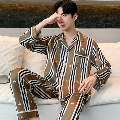 睡衣男夏季冰丝长袖薄款男生