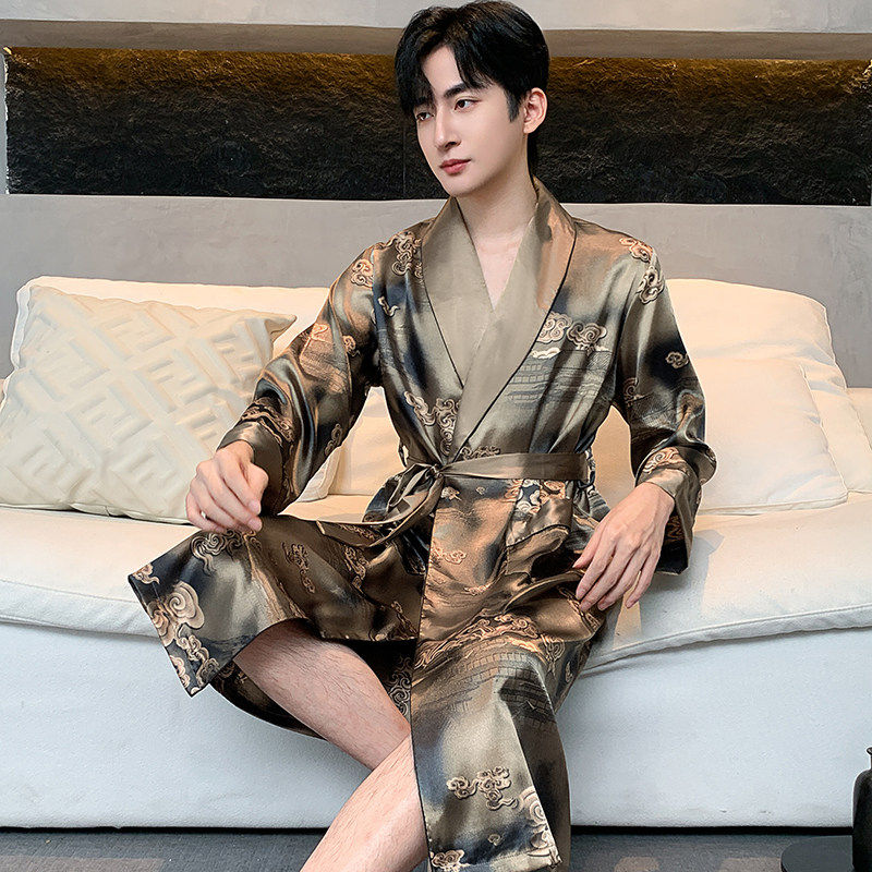2026新款中国风春夏款冰丝睡袍男士长袖薄款丝绸睡衣浴袍大码夏季