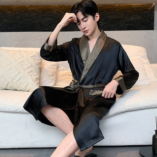 2026新款春秋季冰丝男士睡袍长袖薄款浴袍中长款家居服春夏季大码