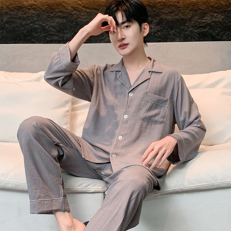 优质麻麻纱睡衣男春秋季仿棉麻薄款家居服可外穿夏季男士棉绸套装