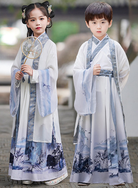 儿童国学汉服女童秋冬童古装表演服中国风小学生三字经演出服水墨