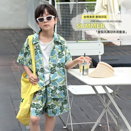 海岛风印花休闲开衫纯棉两件套装