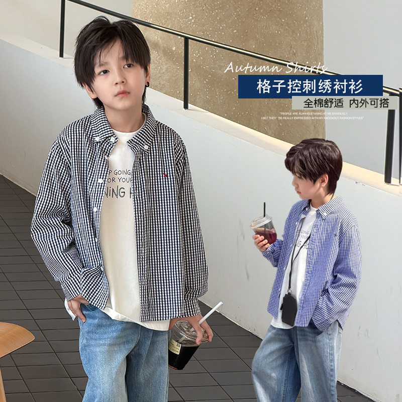 刺绣格子衬衫全棉亲肤休闲上衣潮