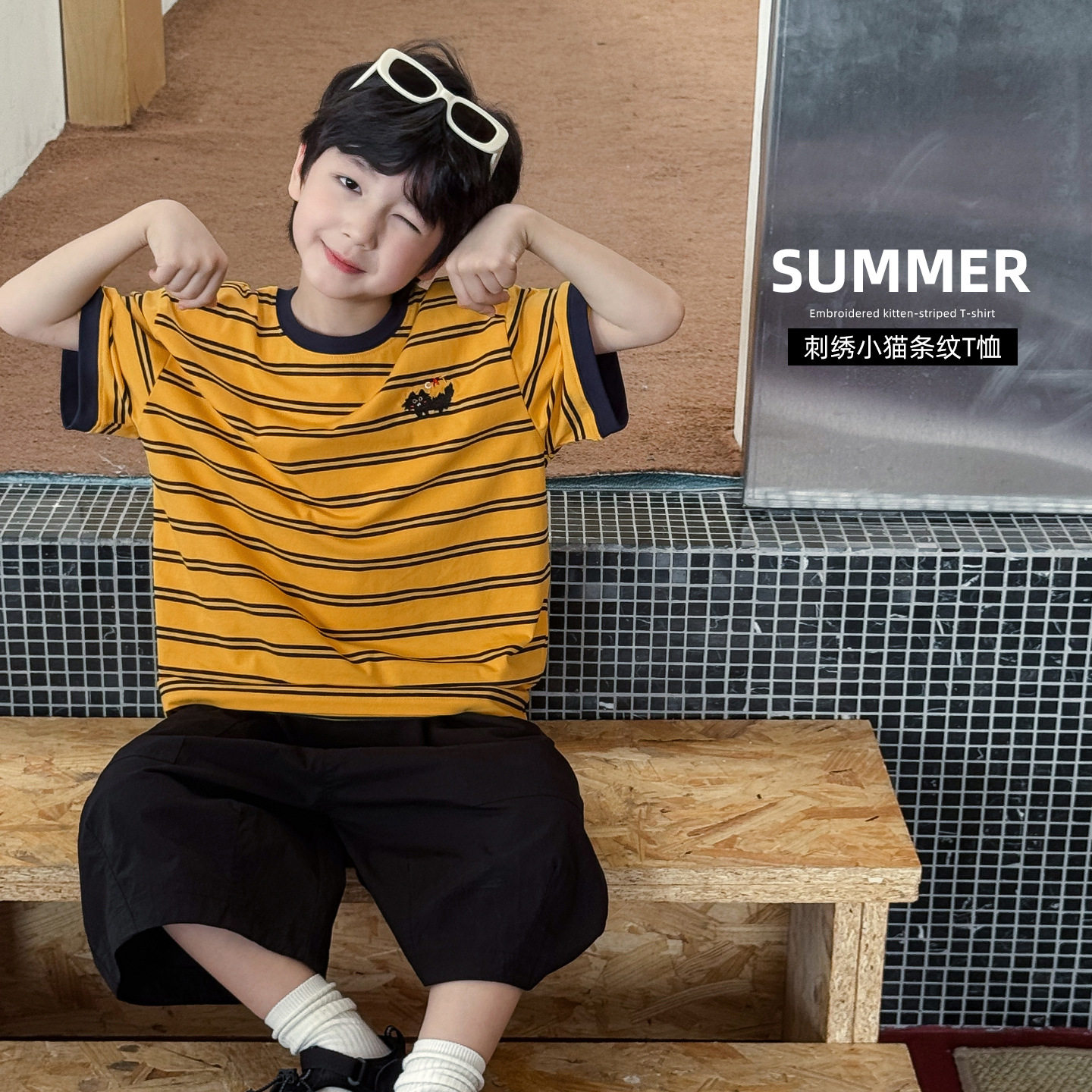 cookie kids 夏季款 中小儿童小猫刺绣黄色条纹时尚洋气短袖T恤潮