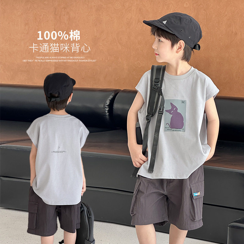 cookie kids 夏季款 儿童卡通猫咪休闲阳光无袖背心舒适宽松纯棉