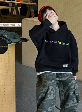 cookie kids 冬季款 中小儿童彩色绣花贴标黑色休闲连帽加绒卫衣