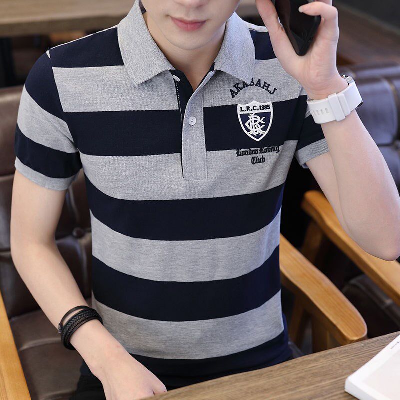 短袖T恤男半袖纯棉翻领polo衫男士英伦风休闲修身体恤条纹上衣夏