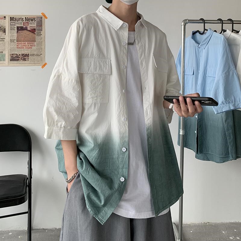 渐变短袖衬衫男港风潮夏季宽松