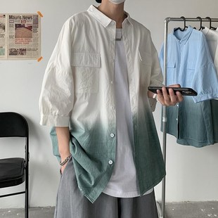 渐变短袖衬衫男港风潮牌夏季宽松衬衣ins潮流日系设计感小众外套