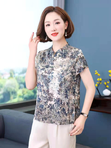杭州丝绸/重磅桑蚕丝弹力缎妈妈上衣/真丝婆婆衫/短袖2025夏季新
