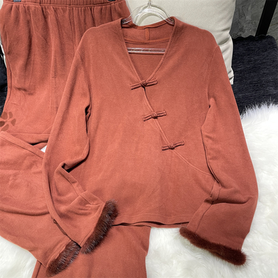 黄裳子水貂毛边中式上衣+阔腿裤