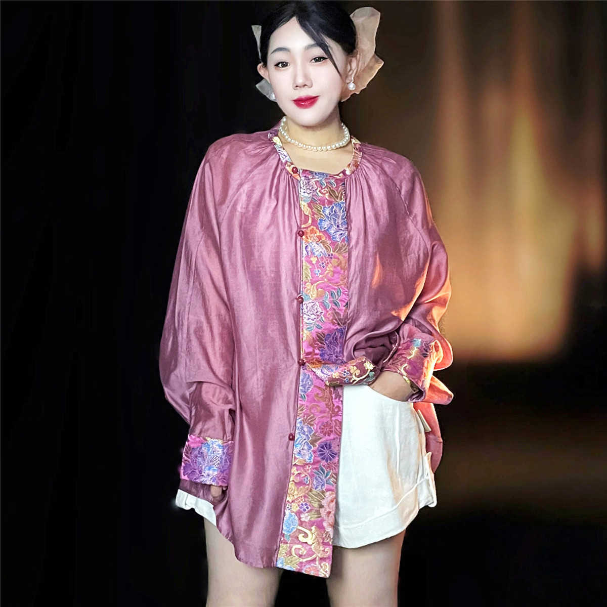 JIANGJUN天丝拼云锦中式衬衫上衣