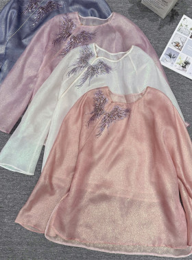 黄裳子彩金真丝绡钉珠中式衬衫