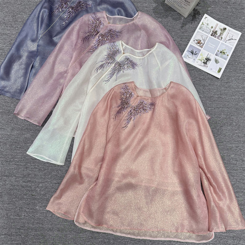 黄裳子彩金真丝绡钉珠中式衬衫