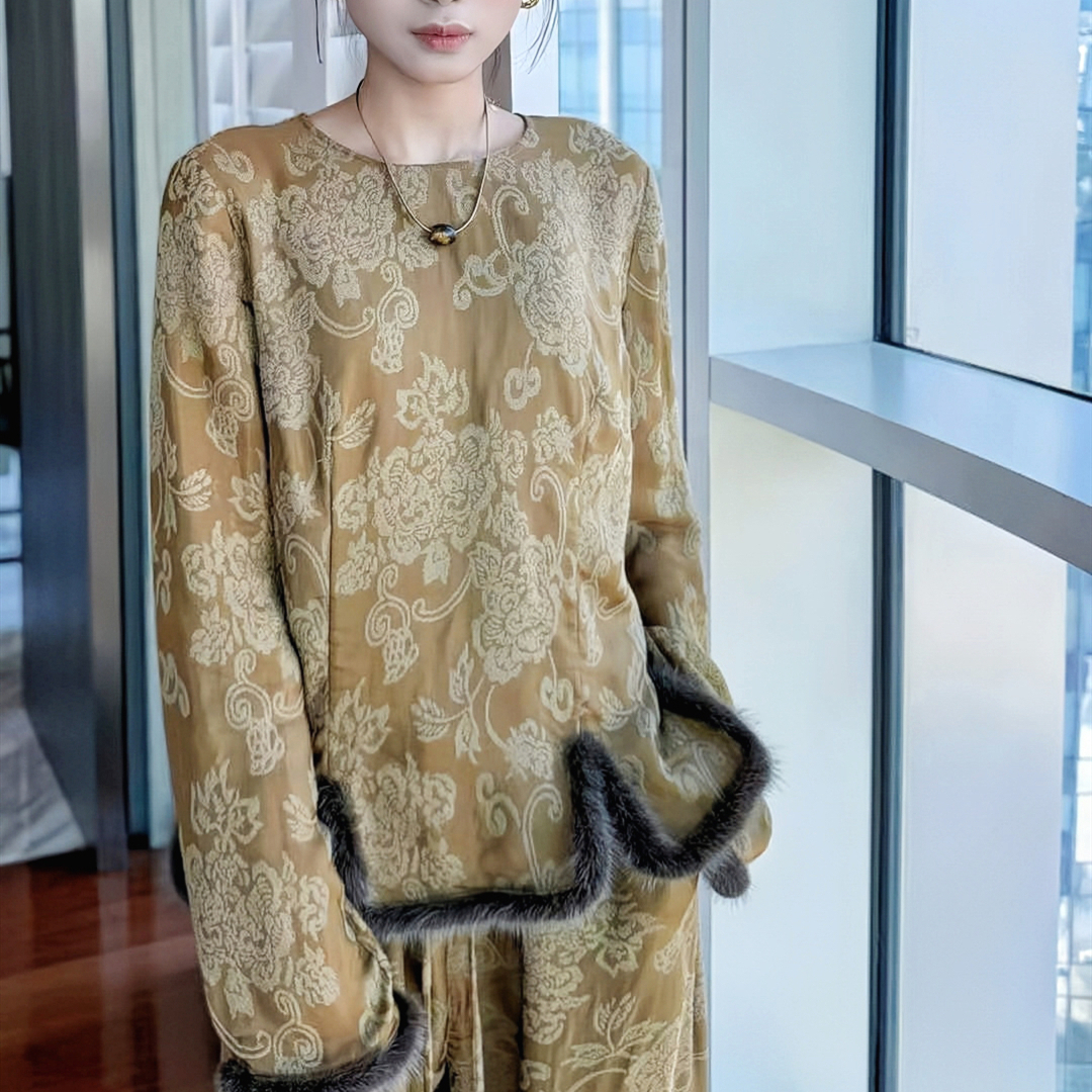 黄裳子水貂毛边打底衫中式上衣