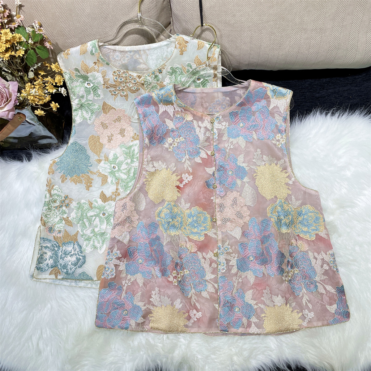 【渐变牡丹】新中式国风真丝绡桑蚕丝扎染重工刺绣马甲马夹上衣