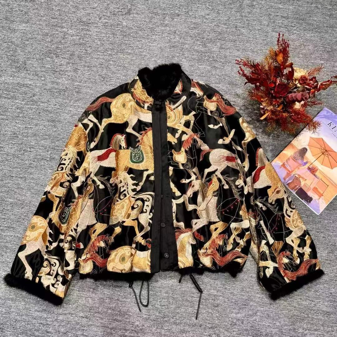 【马到成功】新中式国风重工刺绣醋酸兔毛皮毛一体双面穿外套上衣