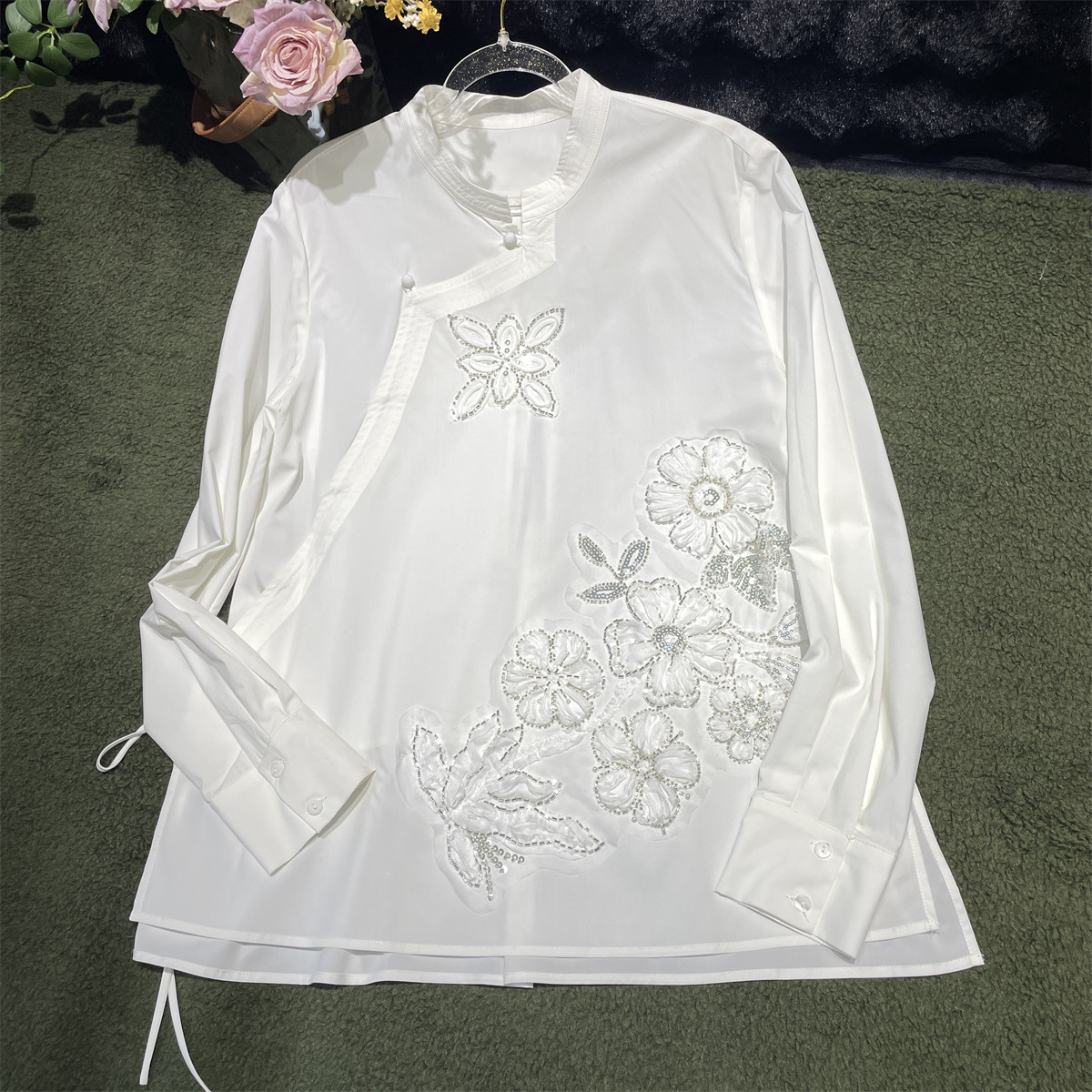 立体花花手工钉珠斜襟棉中式衬衫