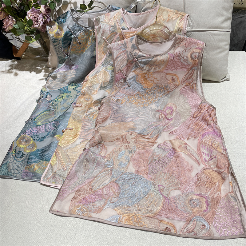 黄裳子真丝织金刺绣中式旗袍马甲