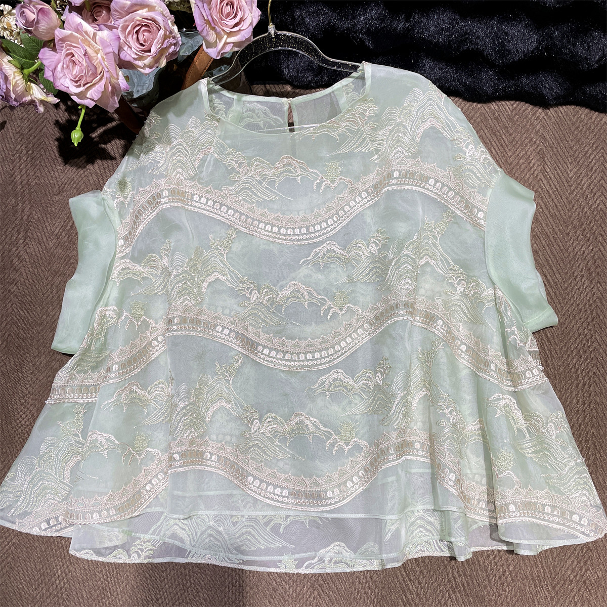 青山水秀桑蚕丝刺绣钉珠中式上衣