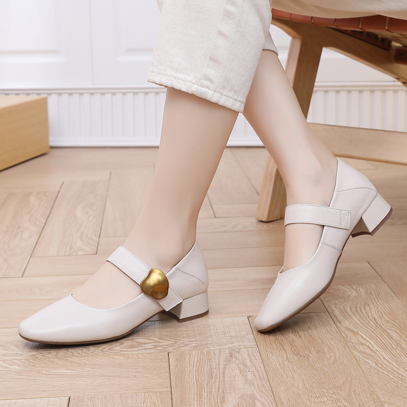 春秋真皮女鞋粗跟玛丽珍单鞋低跟软皮方头小皮鞋浅口中年通勤女鞋
