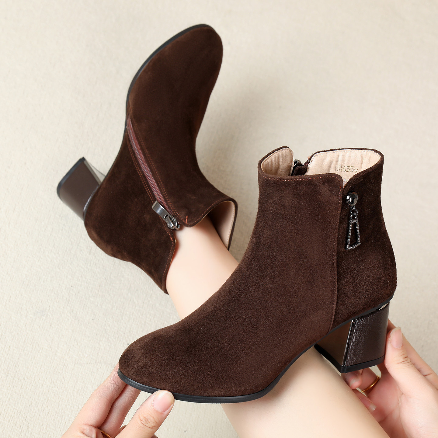 秋冬季女鞋子磨砂软羊皮短靴粗跟大码靴子高跟加绒保暖翻毛皮踝靴,女鞋,时装靴,淘宝优惠券,粉丝福利购,淘宝优惠卷